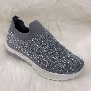 Elegant Gray Rhinestone Slip-On Sneakers